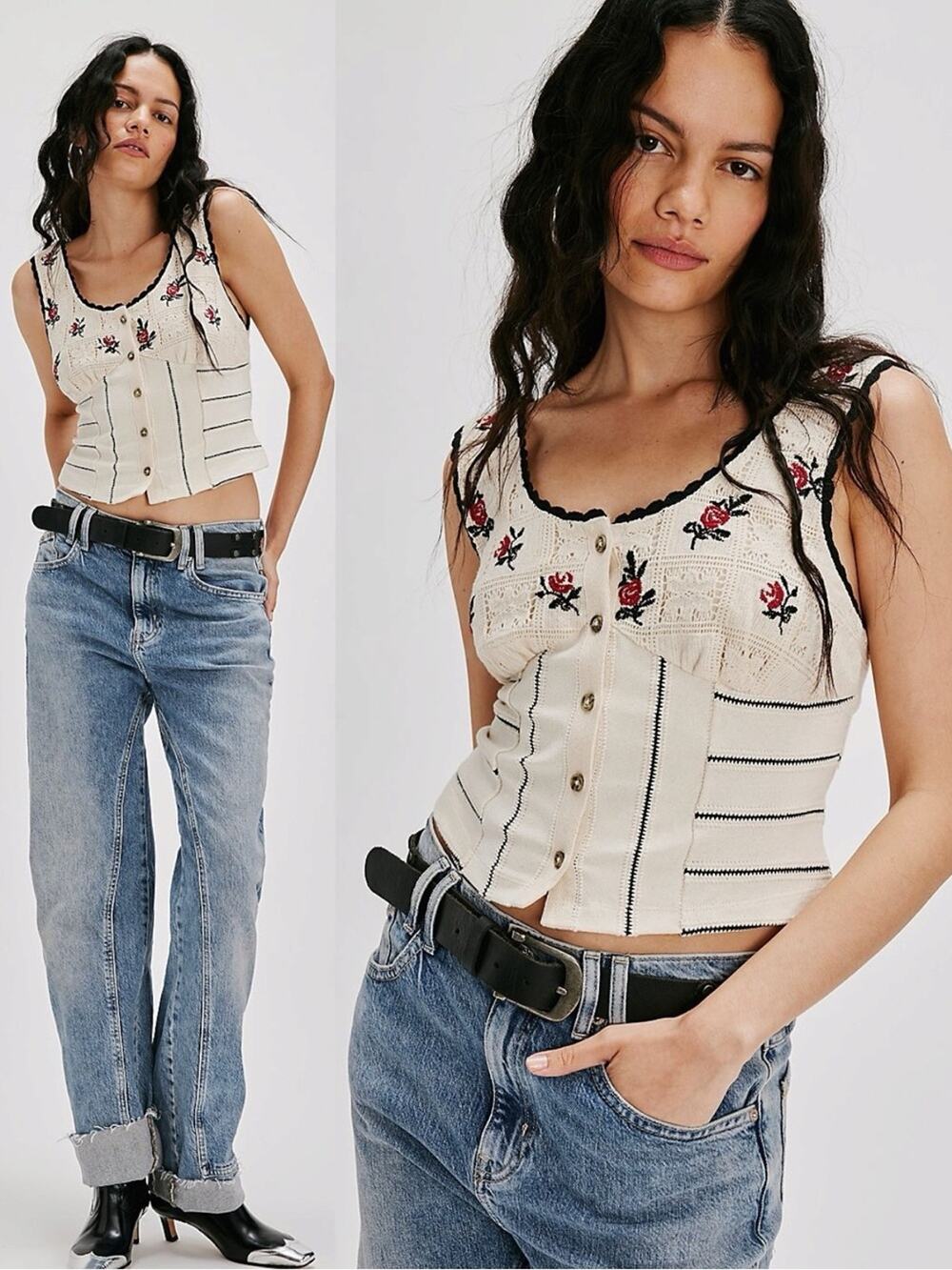 Free People Western Bohemian Rockabilly Rose Bud Knit Top in Ivory Combo XL